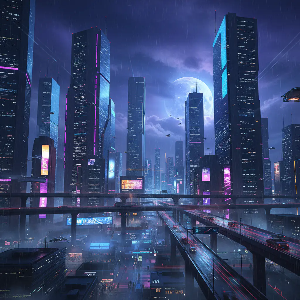 Cyberpunk city view game scene