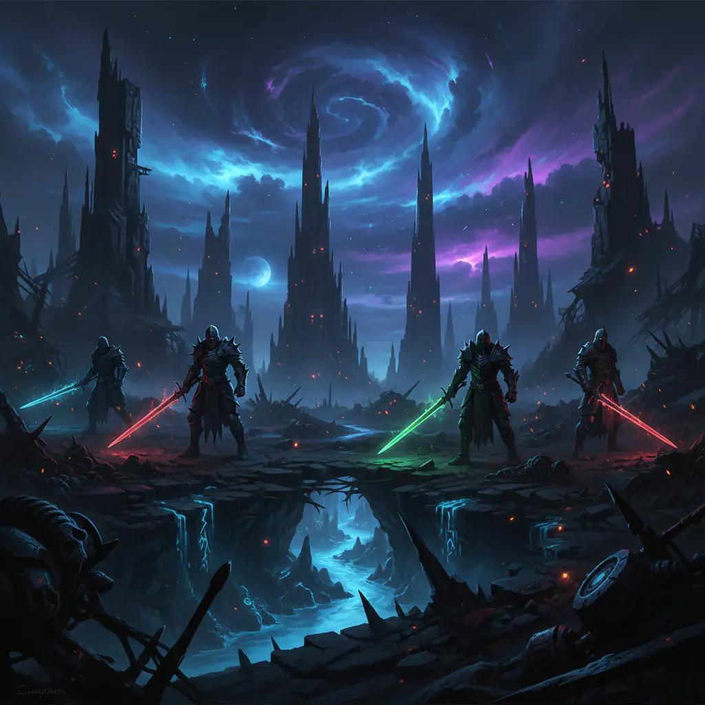 Dark fantasy glowing swords game scene